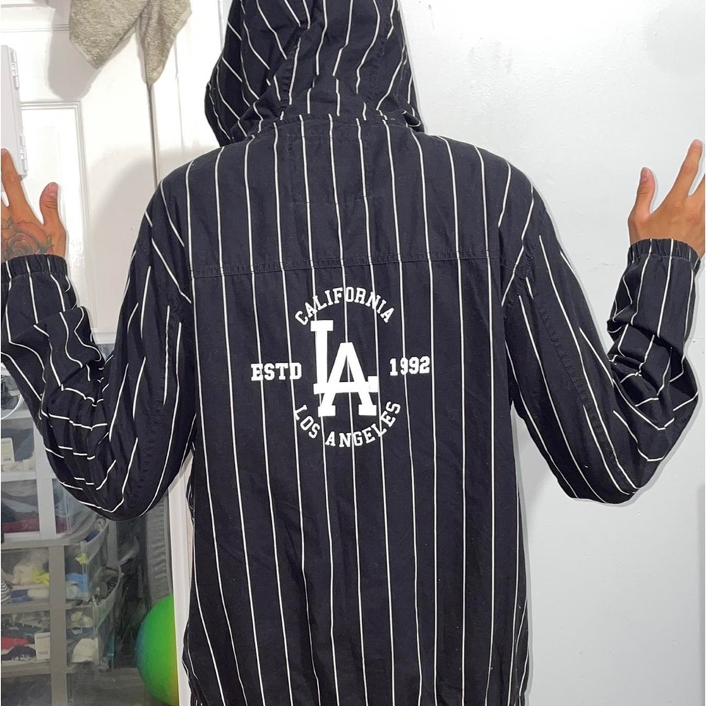 Denim & Flower Black Pin Striped Los Angeles Full Zip Hooded Jacket |Size Med